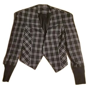 Bebe Blazer Jacket Womens Size 4 Black White Plaid Printed Long Sleeve Open Y2k